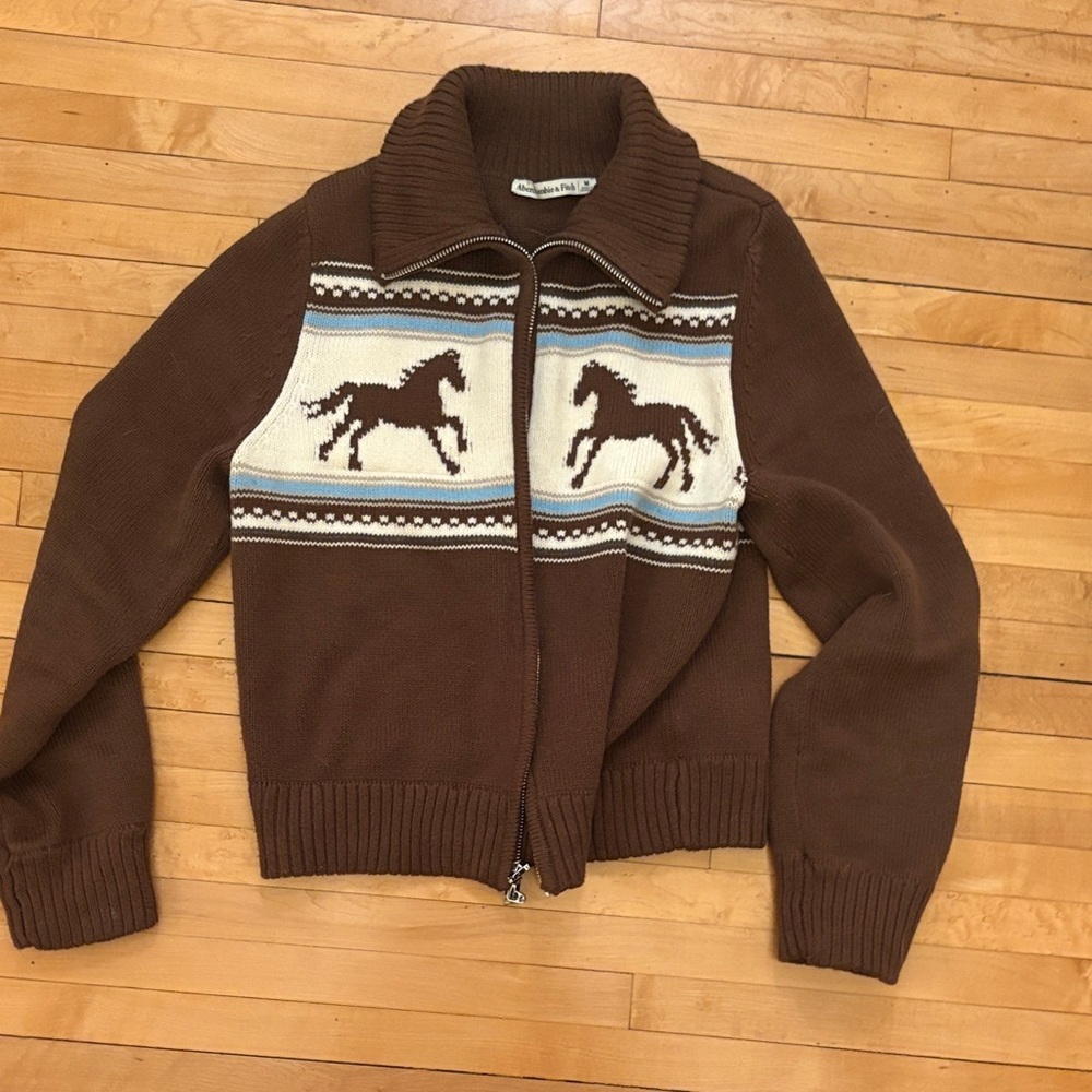 Abercrombie & Fitch Brown Zip Up Sweater with Horse Design